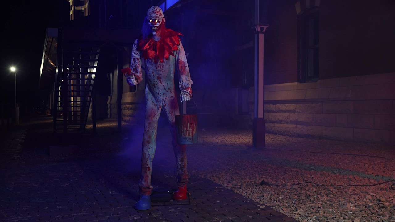 Add a splash of terror to your display with 7FT Animated Arty the Clown Halloween Decoration! This towering evil painter comes to life with sinister movement, creepy sounds, and blood-red brushstrokes.